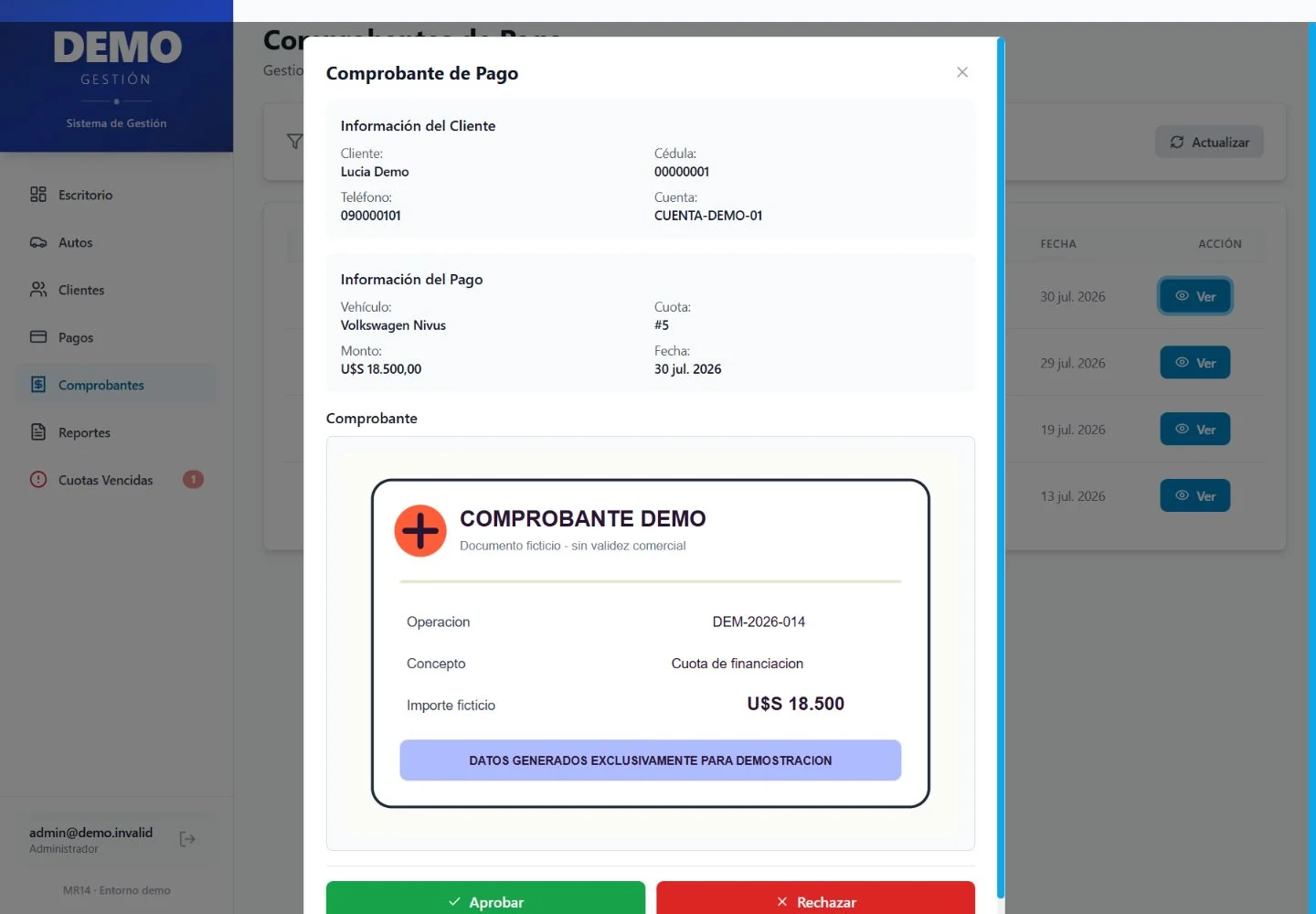 Vista previa de un comprobante totalmente ficticio dentro del entorno demostrativo