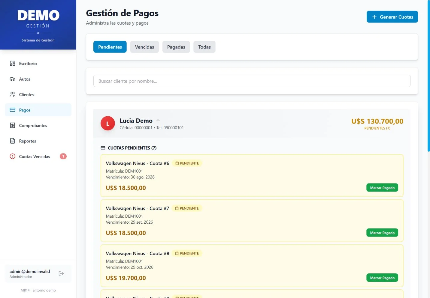 Seguimiento demostrativo de pagos, cuotas y vencimientos